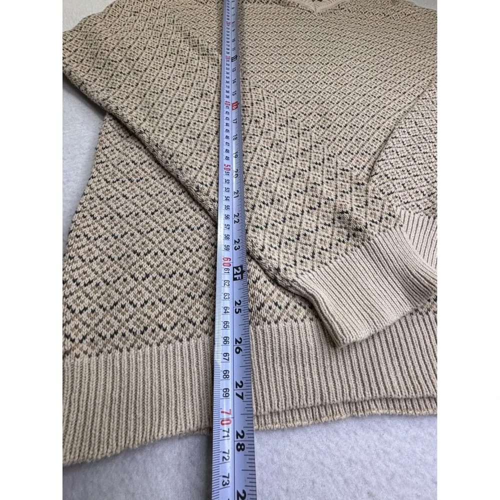 Claiborne Mens V-Neck Cotton Sweater Large Beige Tan Geometric Knit Pullover